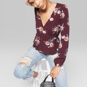 Wild Fable Floral Burgundy Maroon Long Sleeve Cropped Wrap Blouse XXL